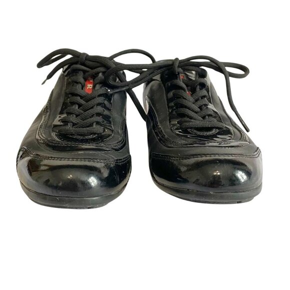 PRADA BLACK PATENT LEATHER TECHNICAL FABRICLACE UP SNEAKERS FOR WOMEN'S - 6 - Picture 2 of 9